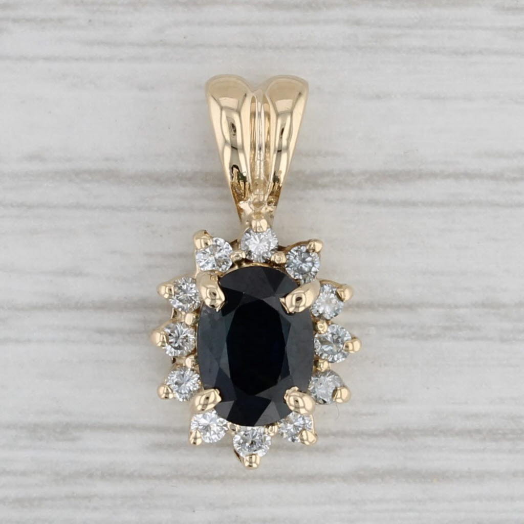 Gray 1.28ctw Blue Sapphire Diamond Halo Pendant 14k Yellow Gold Small Drop Emma