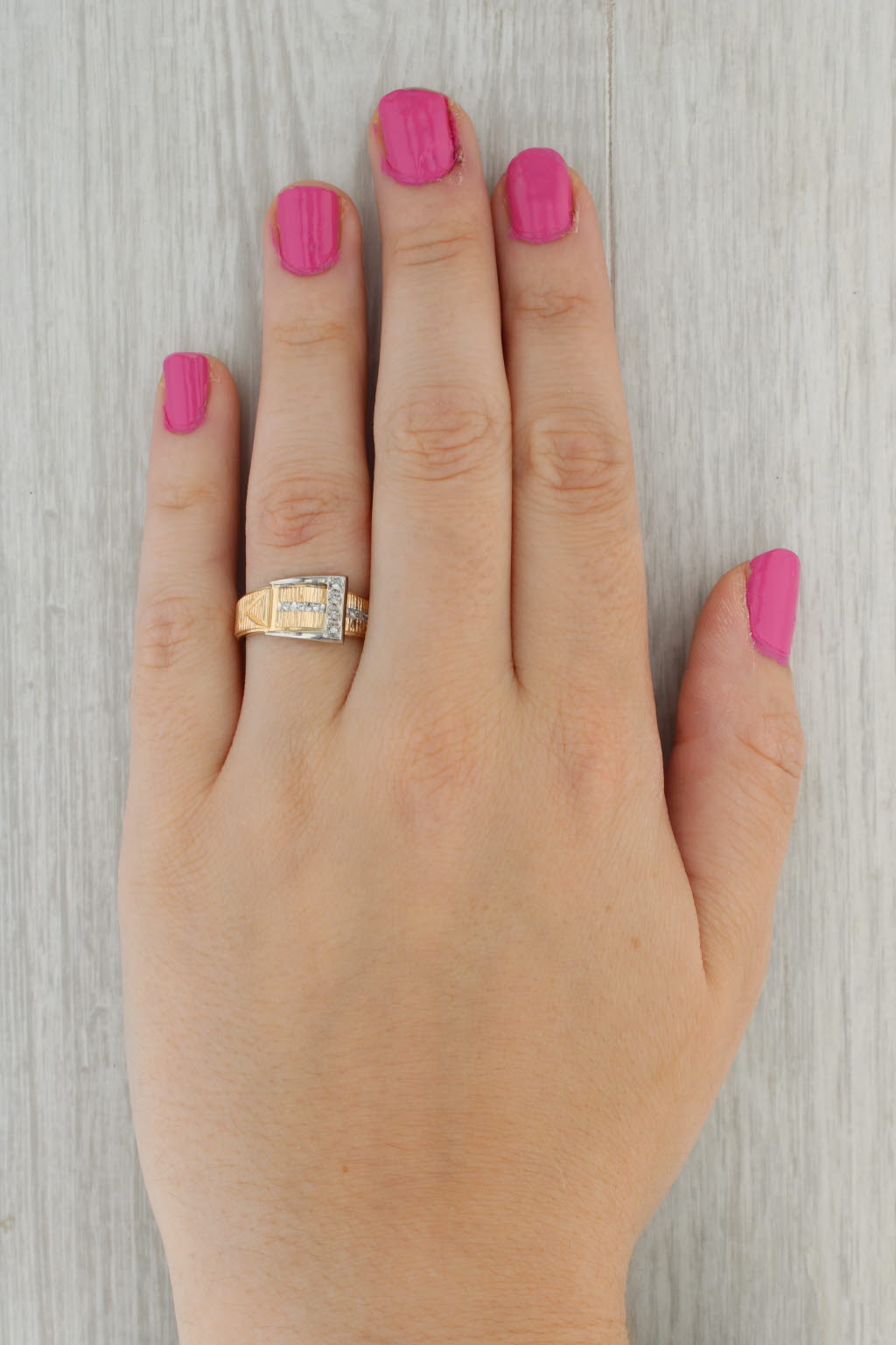 Rosy Brown Diamond Belt Buckle Ring 14k Yellow White Gold Size 9 Band