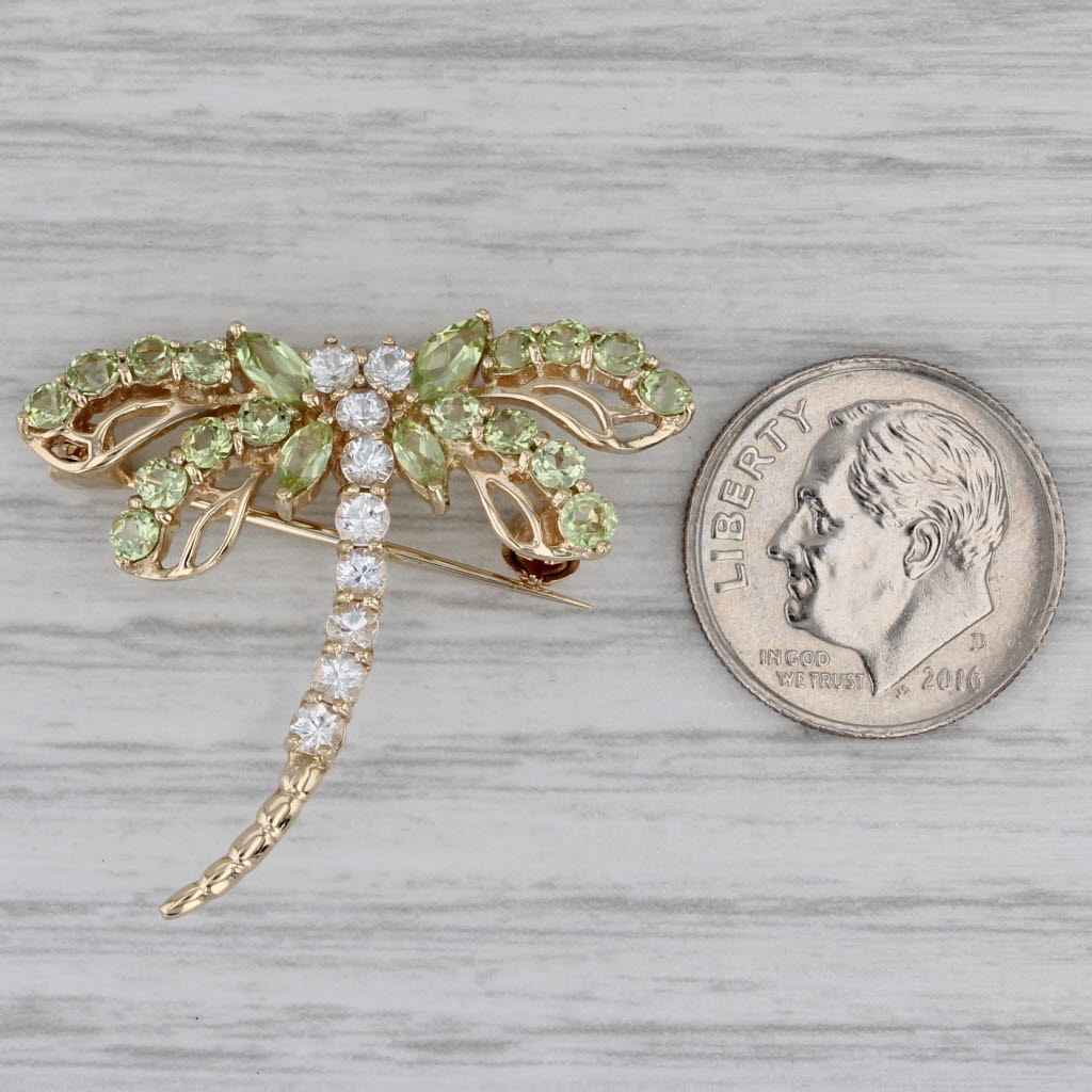 Gray 2.58ctw Green Peridot White Sapphire Dragonfly Brooch Pendant 10k Gold Pin