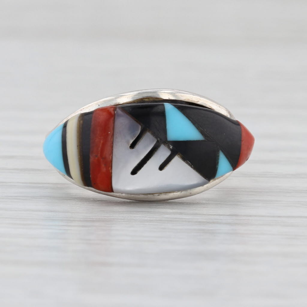 Vintage Native American Luna Ring Sterling Silver Size 6.5 Mother of Pearl Coral