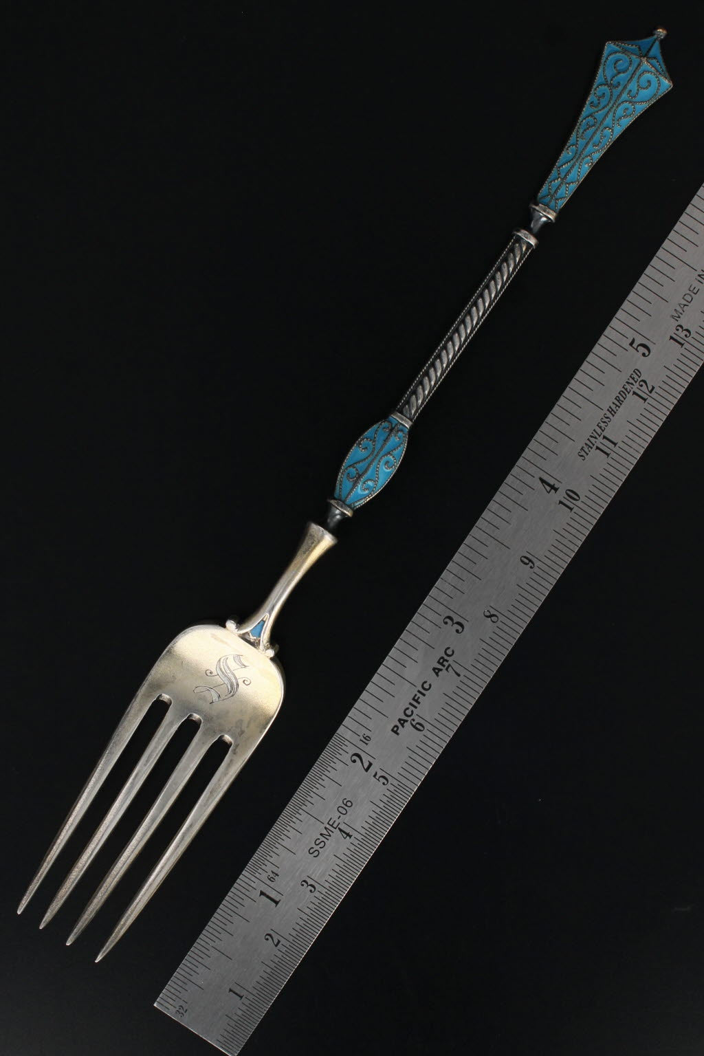 Black David Andersen Dragestil Fork Sterling Silver Norway Enamel Monogram