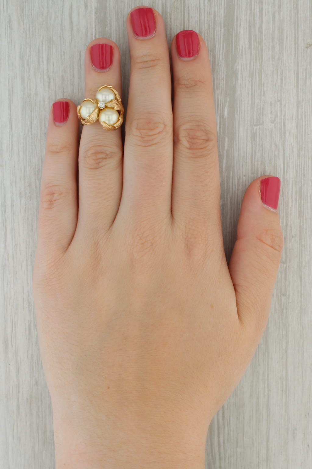Rosy Brown Floral Cultured Pearl 3-Stone Cluster Diamond Ring 14k Yellow Gold Size 5