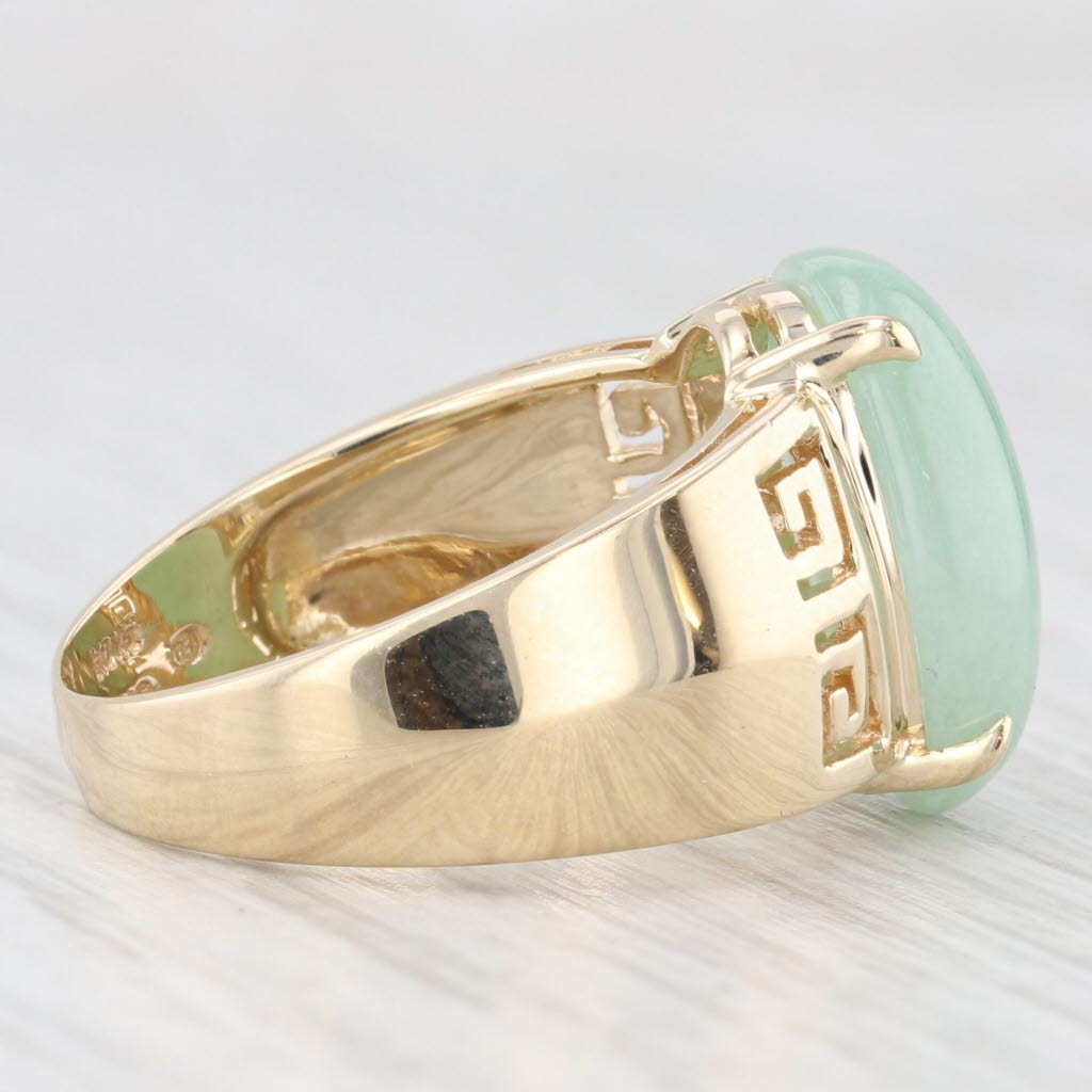 Light Gray Green Jadeite Jade Oval Cabochon Ring 14k Gold Greek Key Pattern Size 6.25