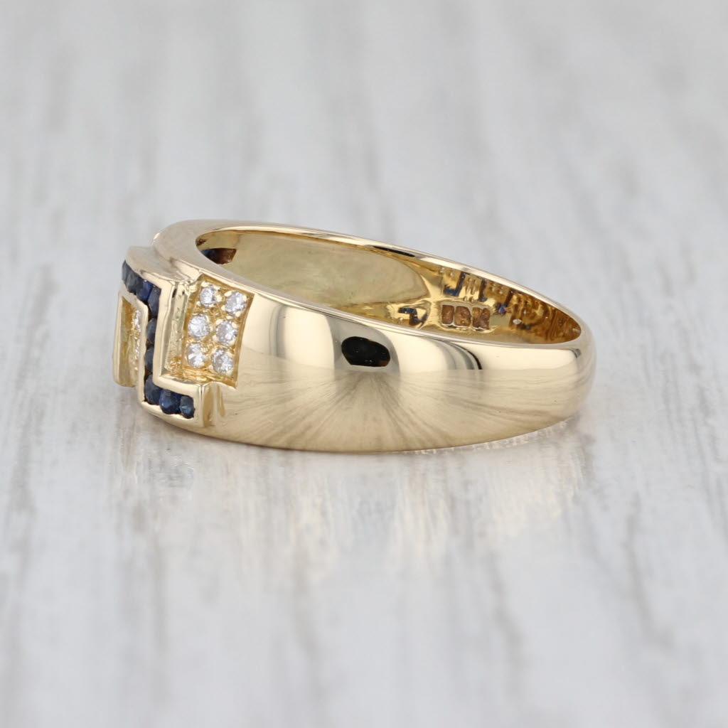 Vintage 0.40ctw Blue Sapphire Diamond Greek Key Ring 18k Yellow Gold Size 7-7.25