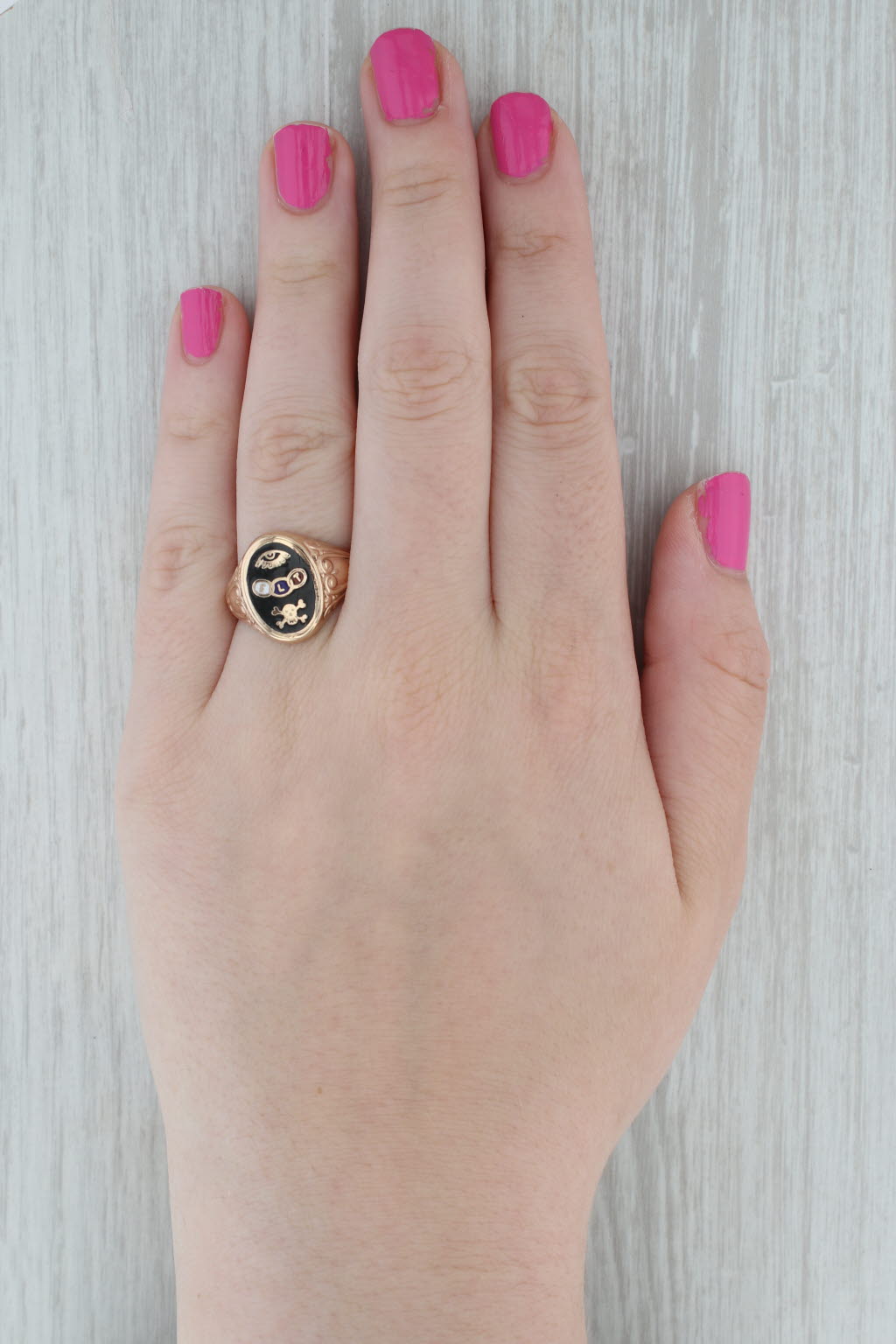 Gray Vintage Odd Fellow Ring 10k Yellow Gold Eye FLT Rings Skull Signet Size 10