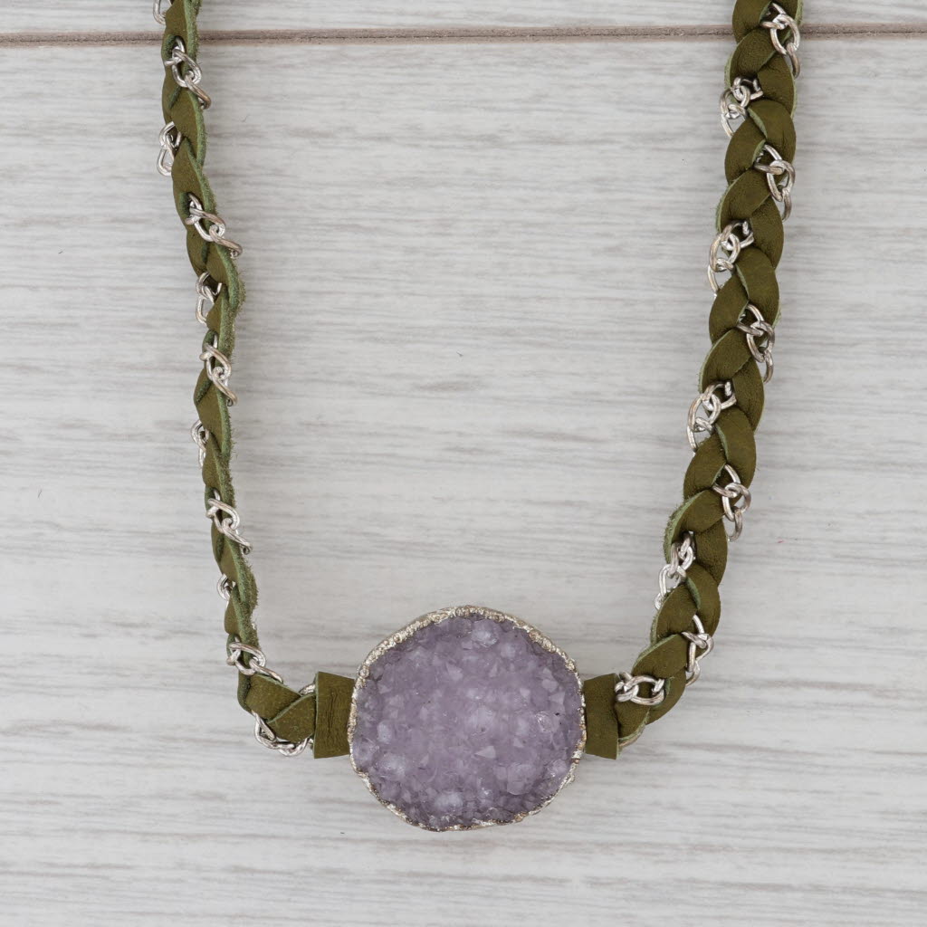 New Nina Wynn Cordelia Necklace White Druzy Quartz Pendant Woven Green Leather