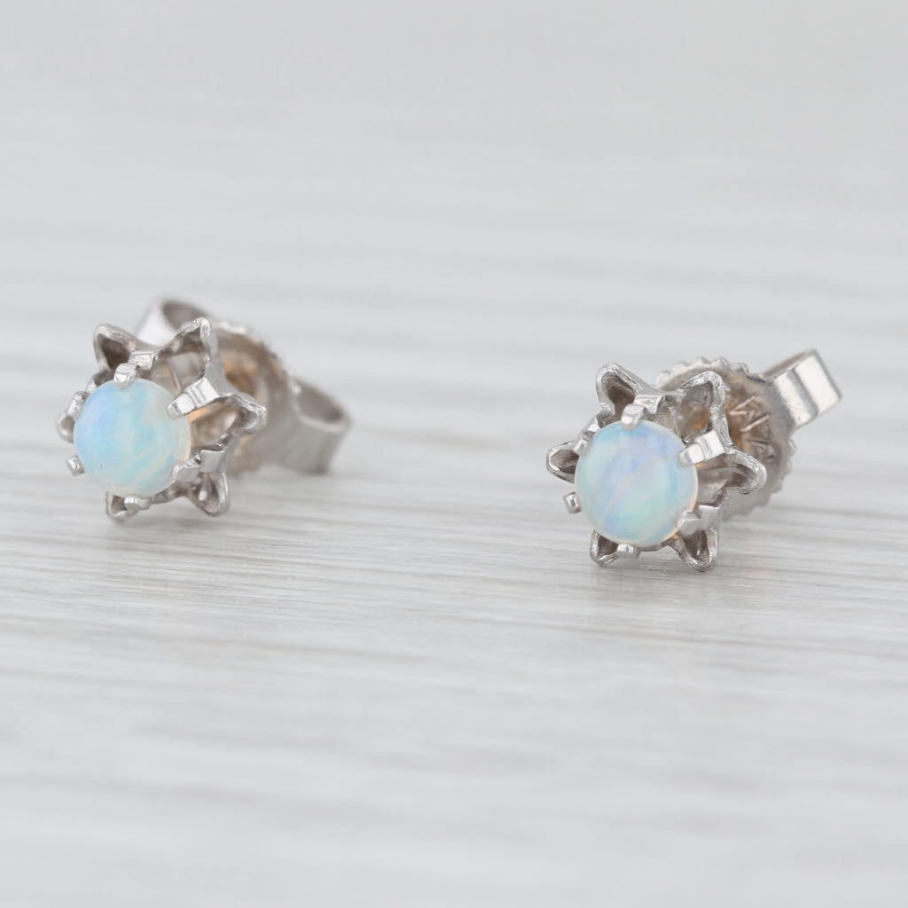 Vintage Opal Stud Earrings 14k White Gold Round Cabochon Studs
