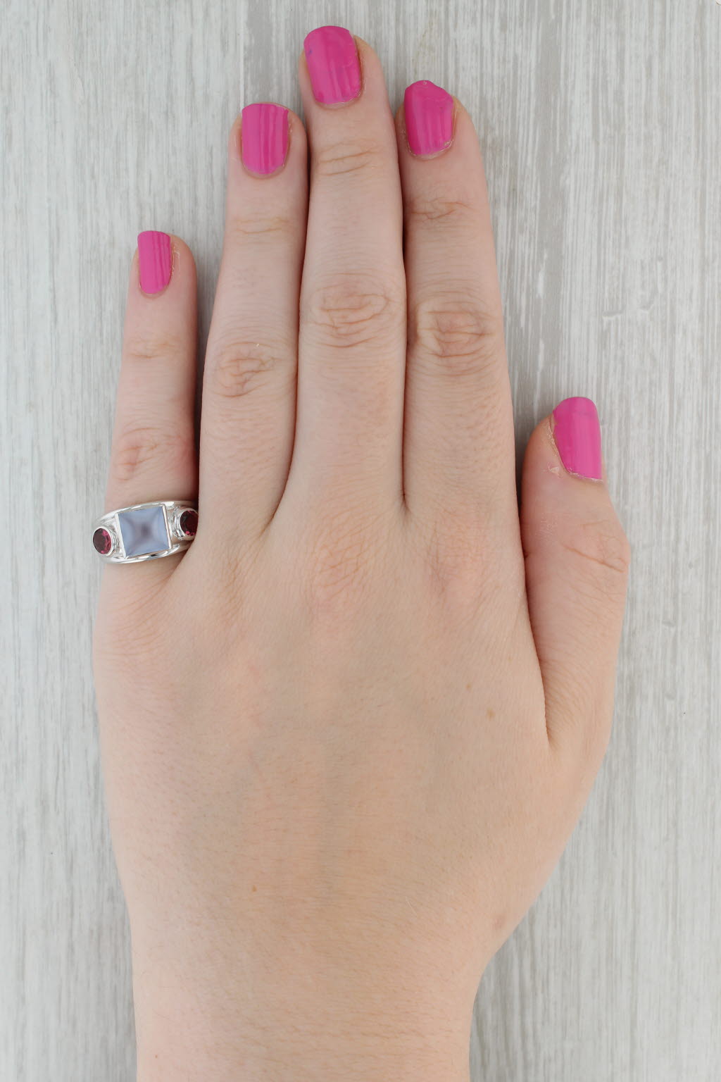 Gray Blue Chalcedony Pink Tourmaline Ring 14k White Gold Size 6.75