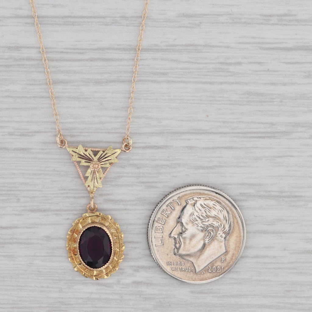 Gray Purple Glass Lavalier Pendant Necklace 10k Yellow Green Rose Gold 16.25"