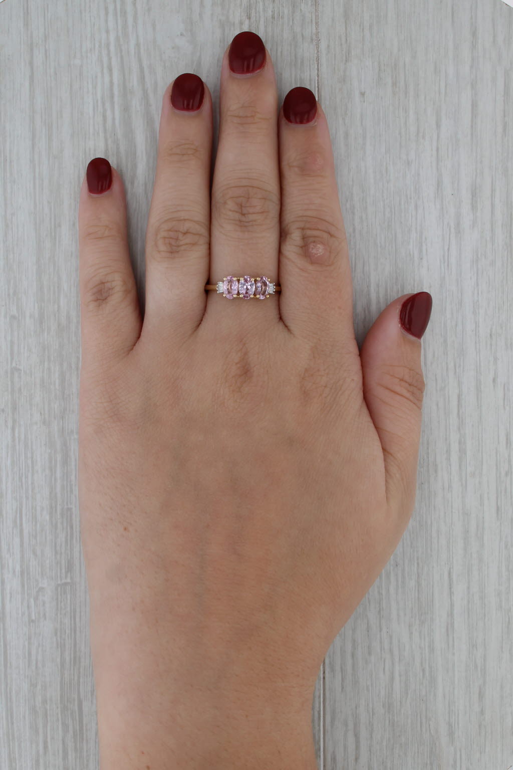 1.54ctw 3-Stone Pink Spinel Ring 10k Yellow Gold Size 9.25 Diamond Accents
