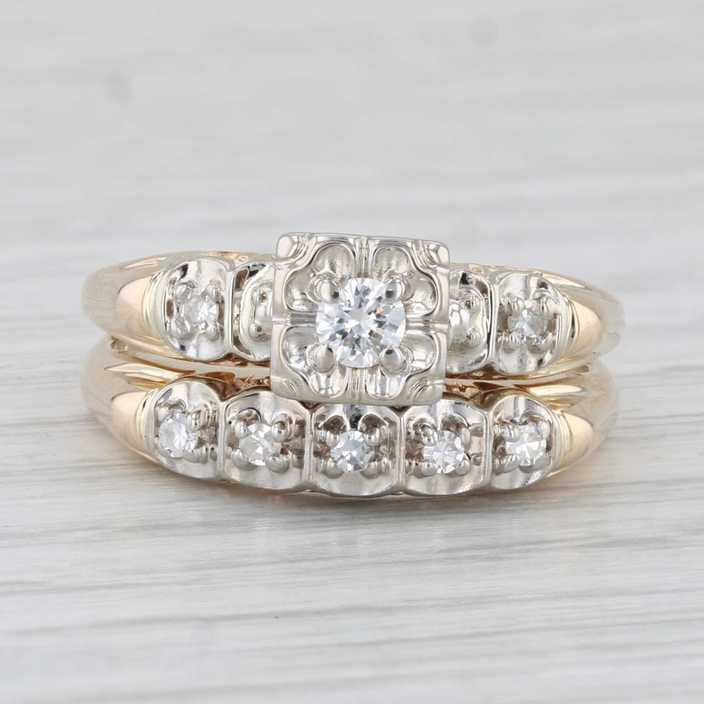 Light Gray Vintage 0.20ctw Diamond Engagement Ring Wedding Bridal Set 14k Gold Size 8.25
