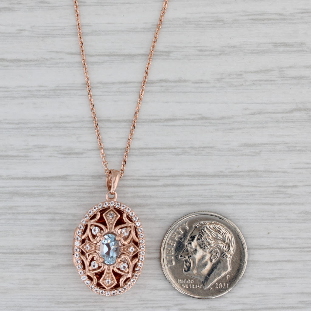 Gray 0.92ctw Aquamarine Lab Created Sapphire Diffuser Locket Necklace 10k Rose Gold