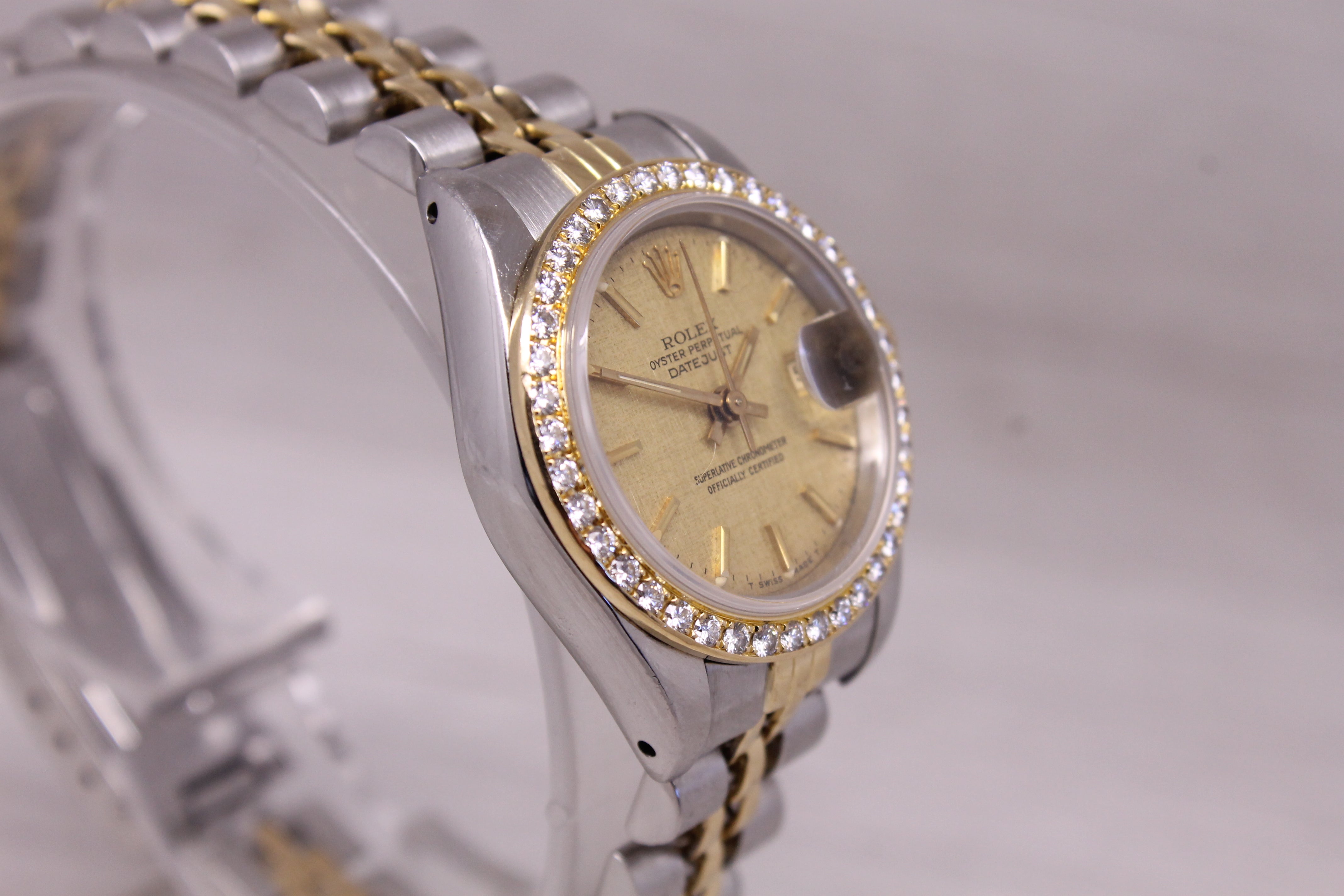 Vintage 1986 Rolex Datejust Ladies 69173 Steel & 18k Gold Diamond Bezel Linen