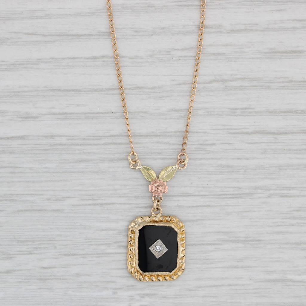 Light Gray Vintage Onyx Diamond Floral Pendant Necklace 10k Yellow Gold 16.5" Curb Chain