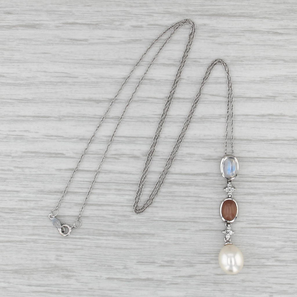Moonstone Cultured Pearl Diamond Drop Pendant Necklace 14k White Gold Rope Chain