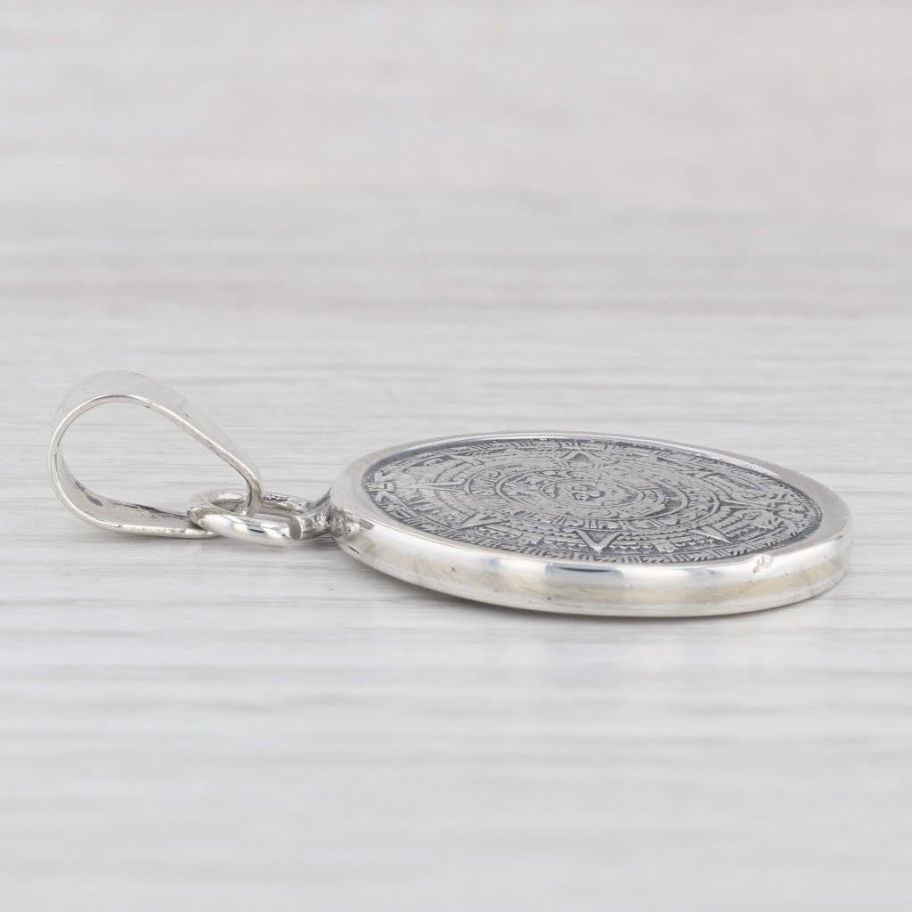 Light Gray Aztec Sun Calendar Coin Medallion Pendant Sterling Silver