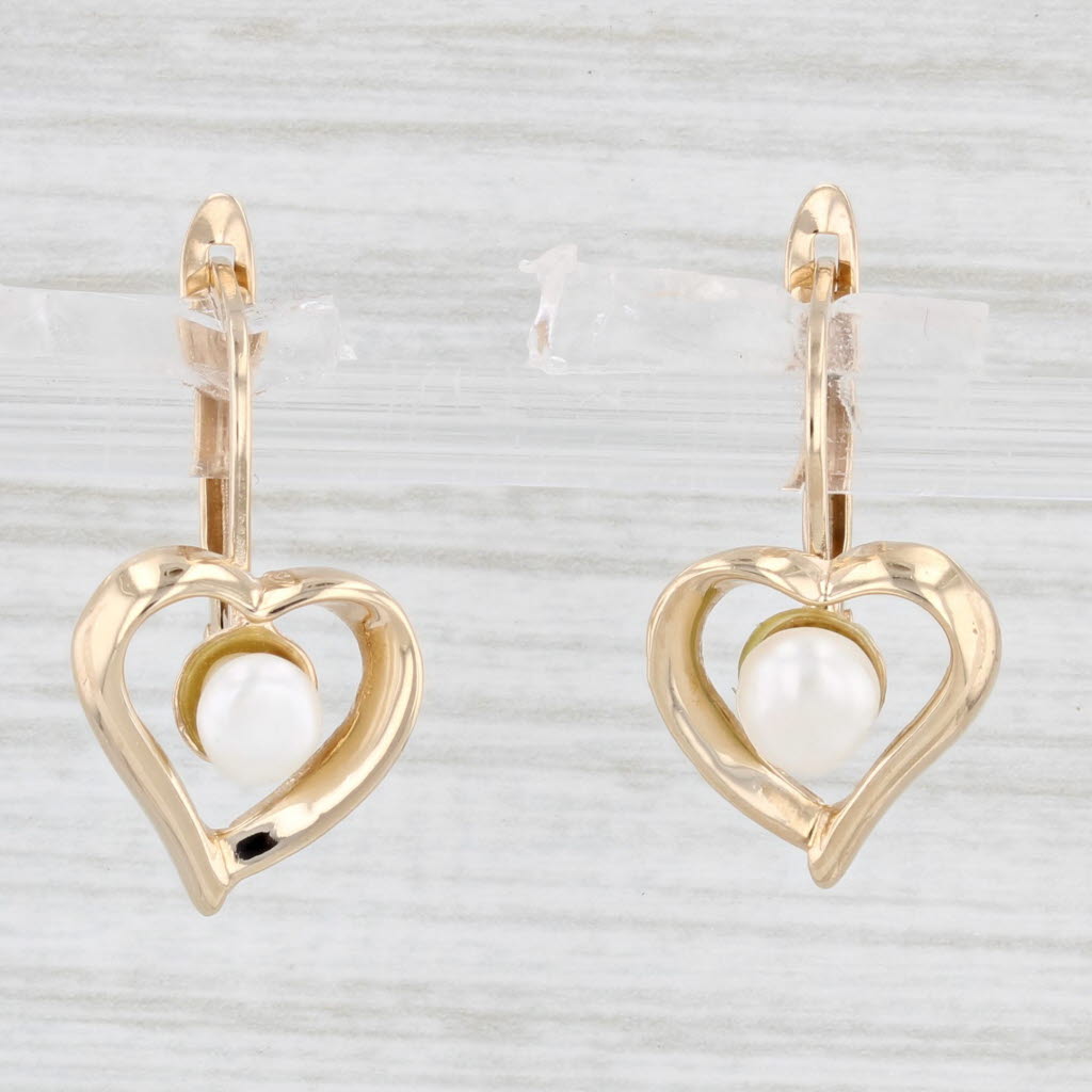 Light Gray Cultured Pearl Heart Drop Earrings 10k Yellow Gold Pierced Leverbacks