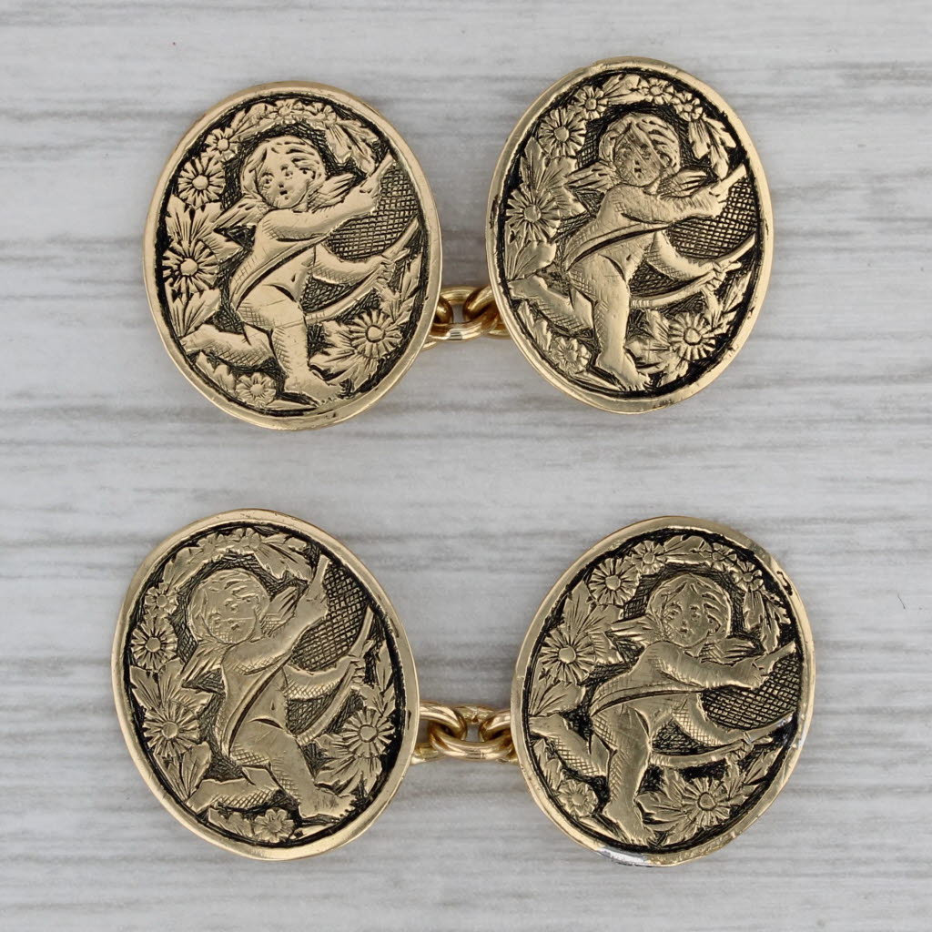 Dark Gray Floral Cherub Cufflinks 14k Yellow Gold Antique Suit Accesory