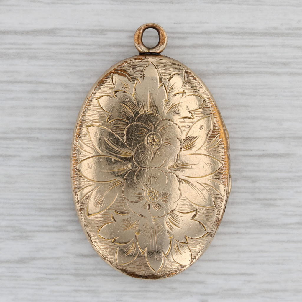 Gray Vintage Flower Engraved Picture Locket Pendant Gold Filled Floral Engravable