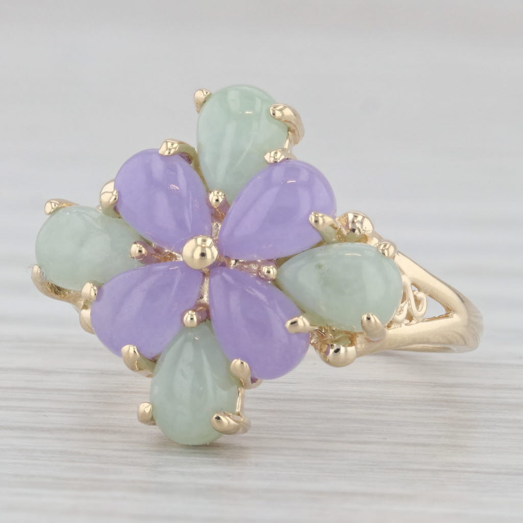 Gray Lavender Green Jadeite Jade Flower Ring 14k Yellow Gold Size 7.25 Cluster