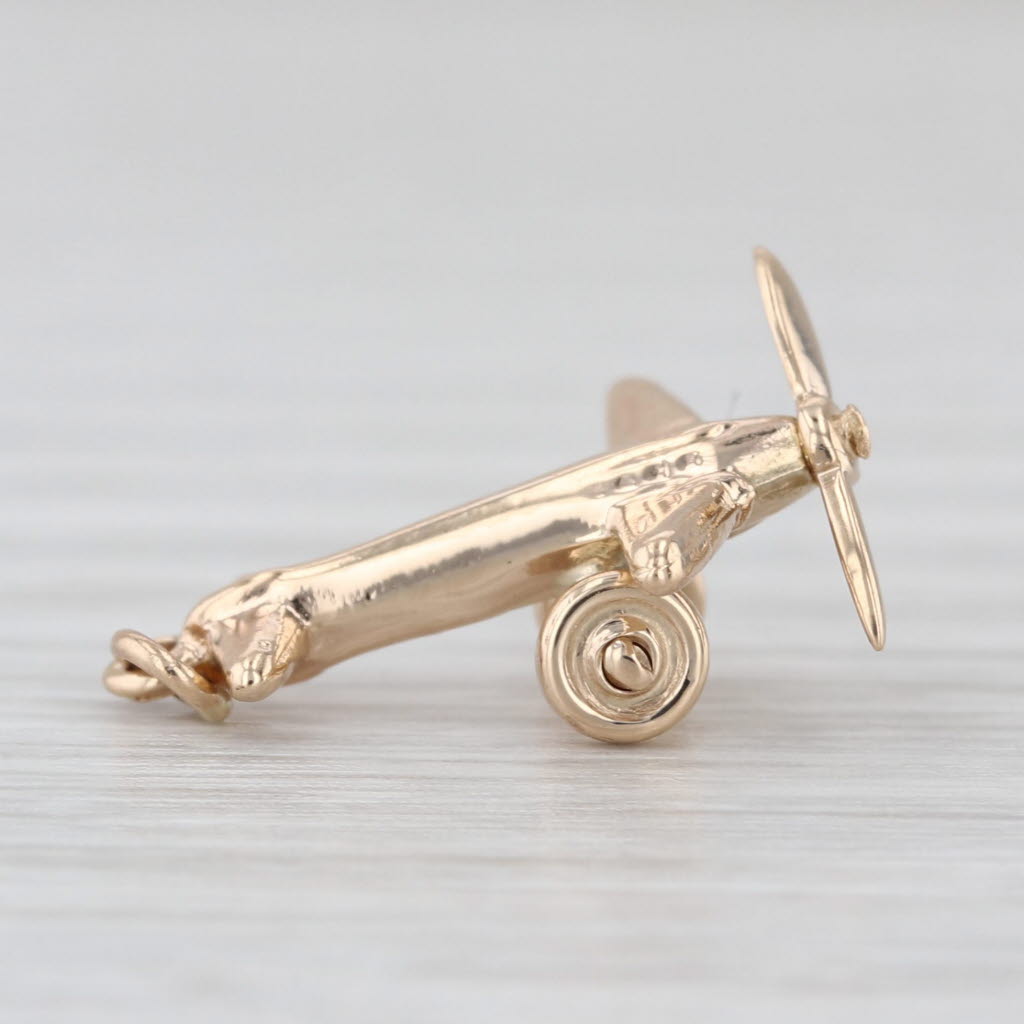 Small Airplane Charm 14k Yellow Gold Propeller Spins 3D Pendant
