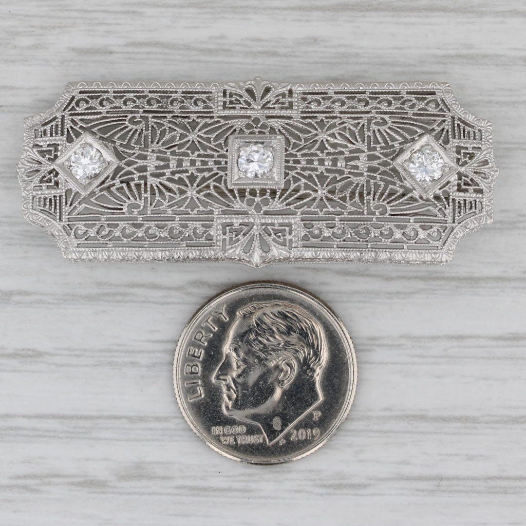 Gray 0.41ctw Diamond Filigree Brooch 14k Gold Platinum Vintage Art Deco Pin