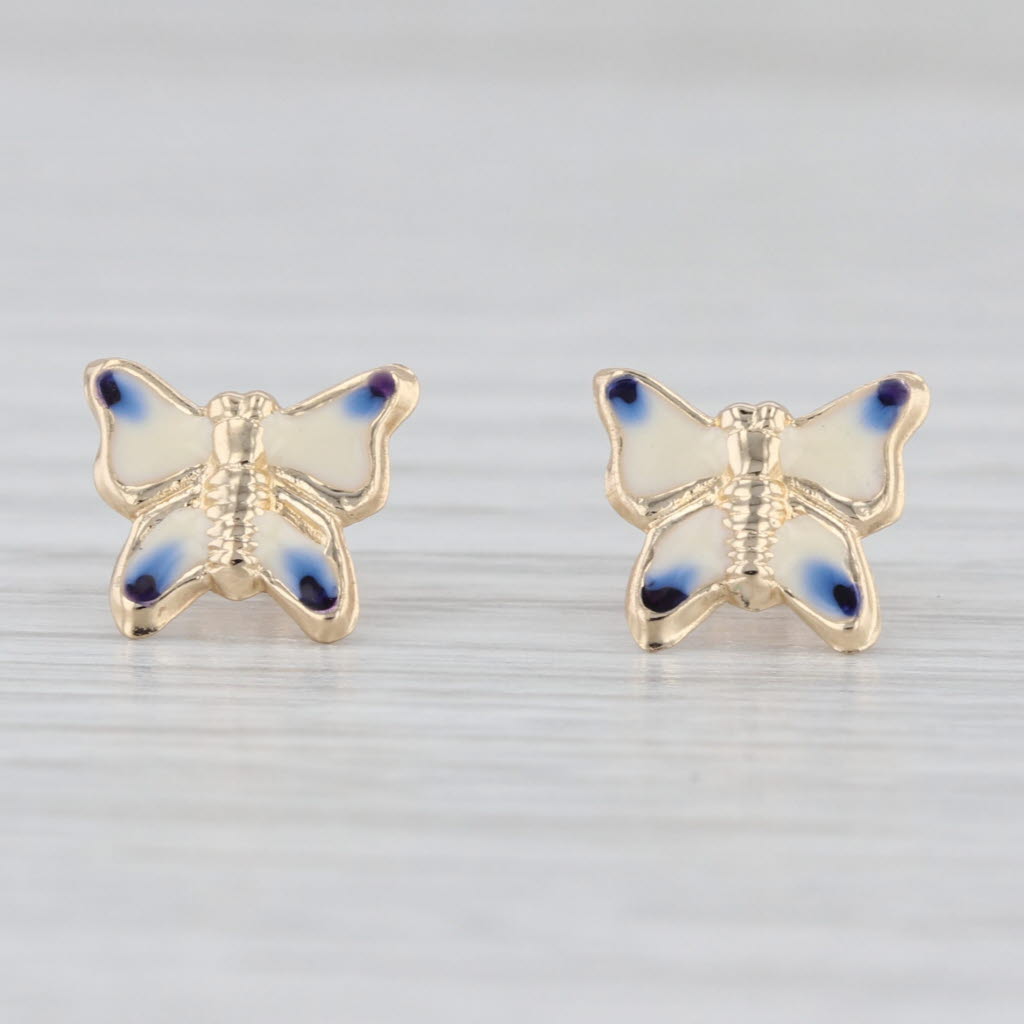 Blue White Enamel Butterfly Stud Earrings 14k Yellow Gold Small Studs