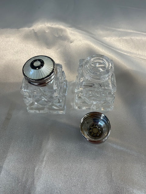 Small Salt & Pepper Shakers Sterling Silver Glass Guilloche Enamel Norway Hroar