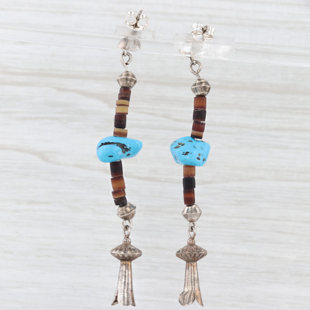Native American Squash Blossom Turquoise Dangle Earrings Sterling Silver Vintage