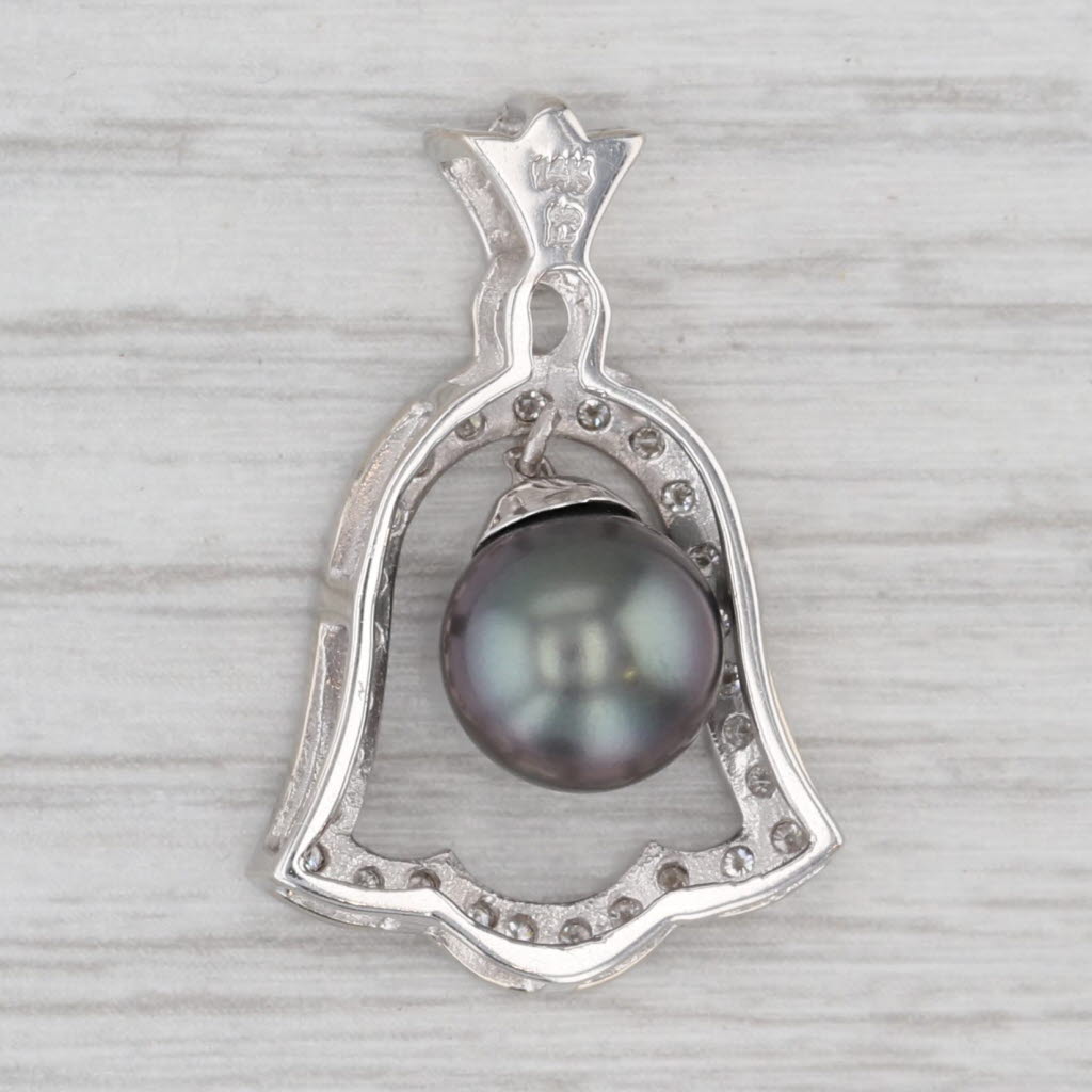 Black Cultured Pearl 0.32ctw Diamond Frame Bell Pendant 14k White Gold