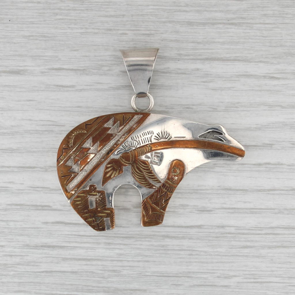 Vintage Navajo Bear Pendant Sterling Silver Copper Tribal Accents Sign