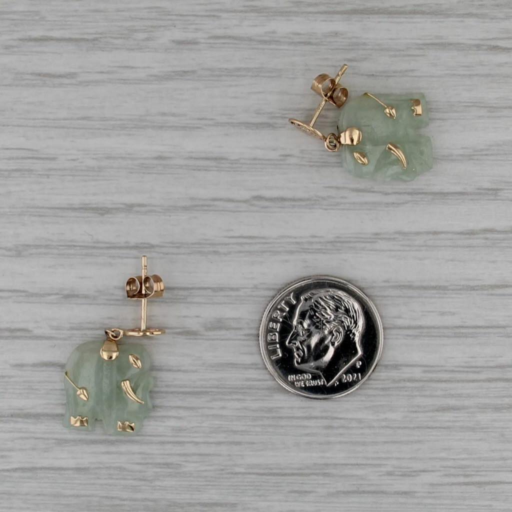 Green Jadeite Jade Elephant Dangle Earrings 10k Yellow Gold Drops