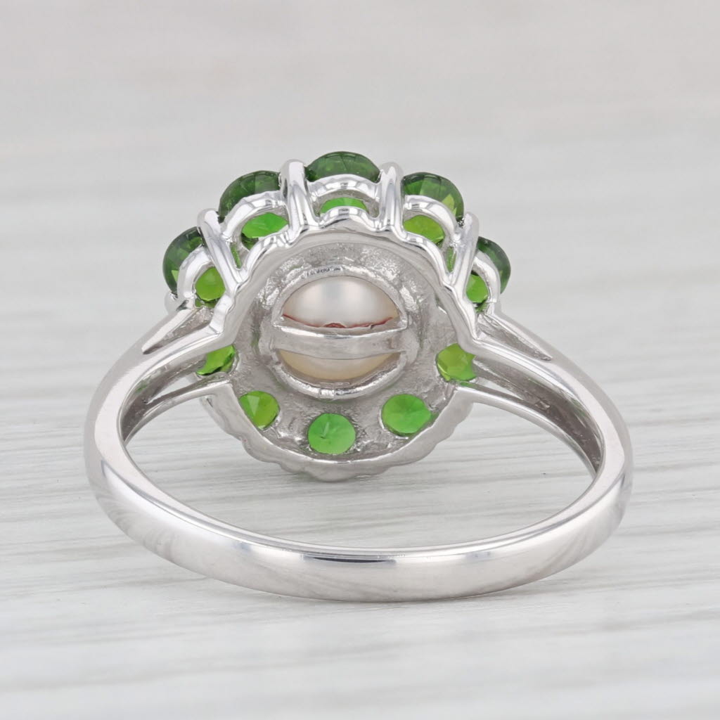 Light Gray Cultured Pearl Green Chrome Diopside Halo Ring 10k White Gold Size 7