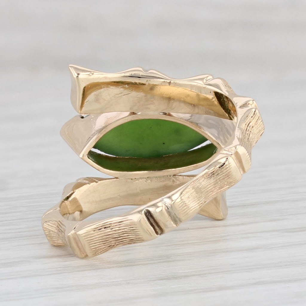 Light Gray Marquise Green Nephrite Jade Bamboo Ring 10k Yellow Gold Bypass Size 6.25