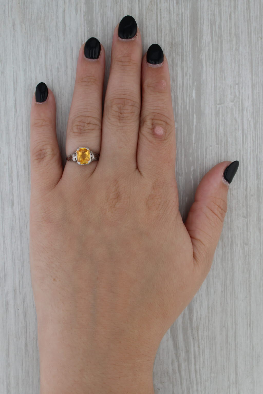 Vintage Lab Created Yellow Sapphire Ring Art Deco Filigree 10k White Gold Sz 6