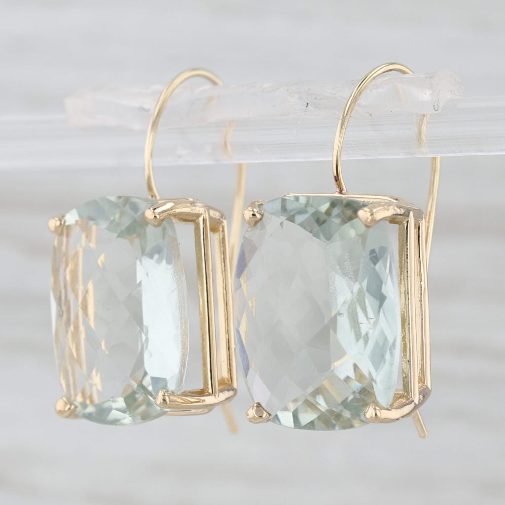 15.50ctw Cushion Prasiolite Green Amethyst Drop Earrings 14k Yellow Gold