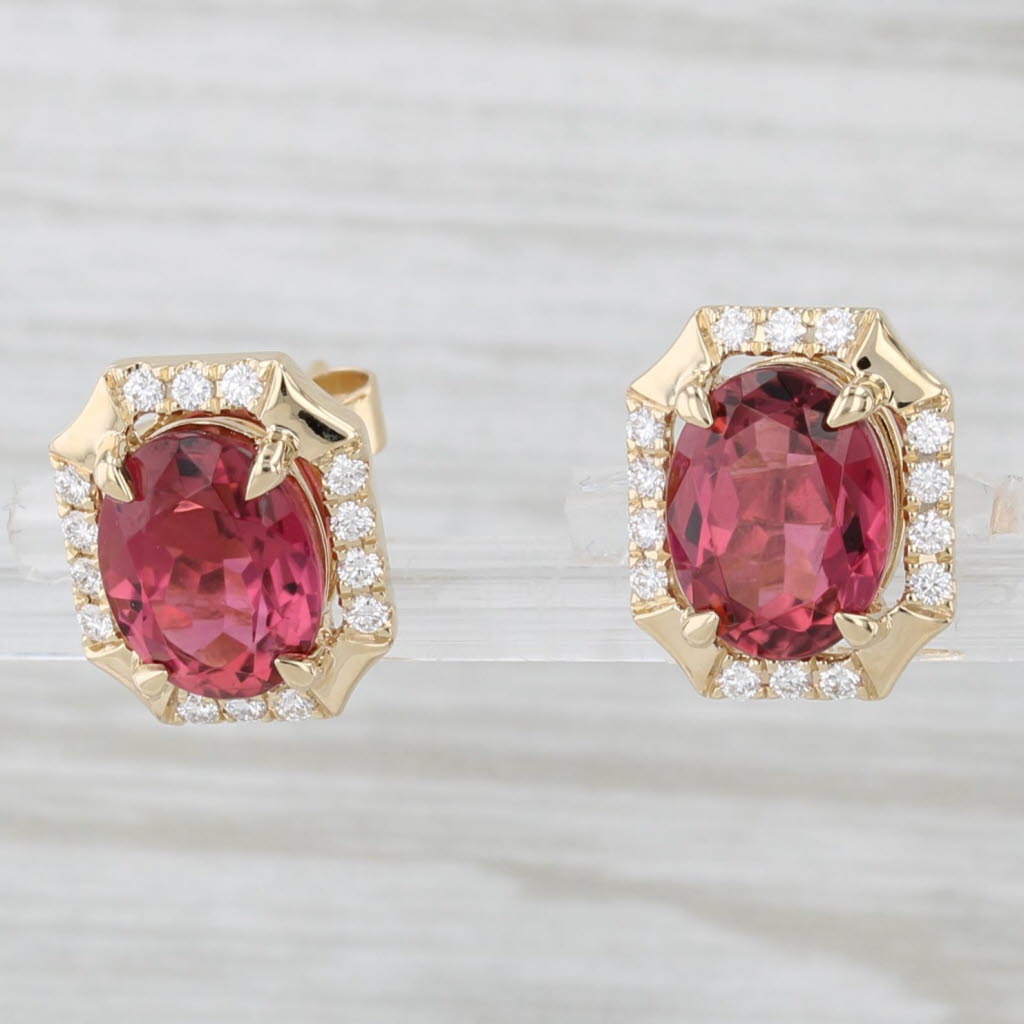 Light Gray New 3.52ctw Pink Touramline Diamond Halo Stud Earrings 14k Yellow Gold