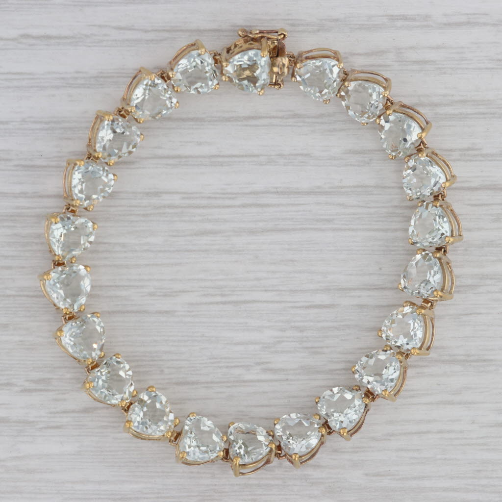 Gray 23ctw Heart Prasiolite Tennis Bracelet Sterling Silver Gold Plated 7.25" 7.6mm