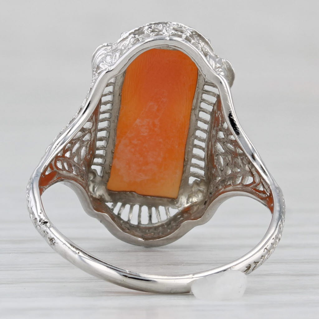 Light Gray Vintage Cameo Filigree Ring Carved Shell 14k White Gold Size 8.25