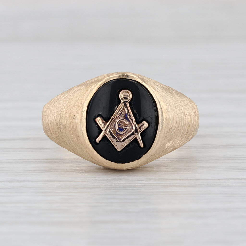 Onyx Masonic Signet Ring 14k Yellow Gold Size 10 Blue Lodge Square Compass