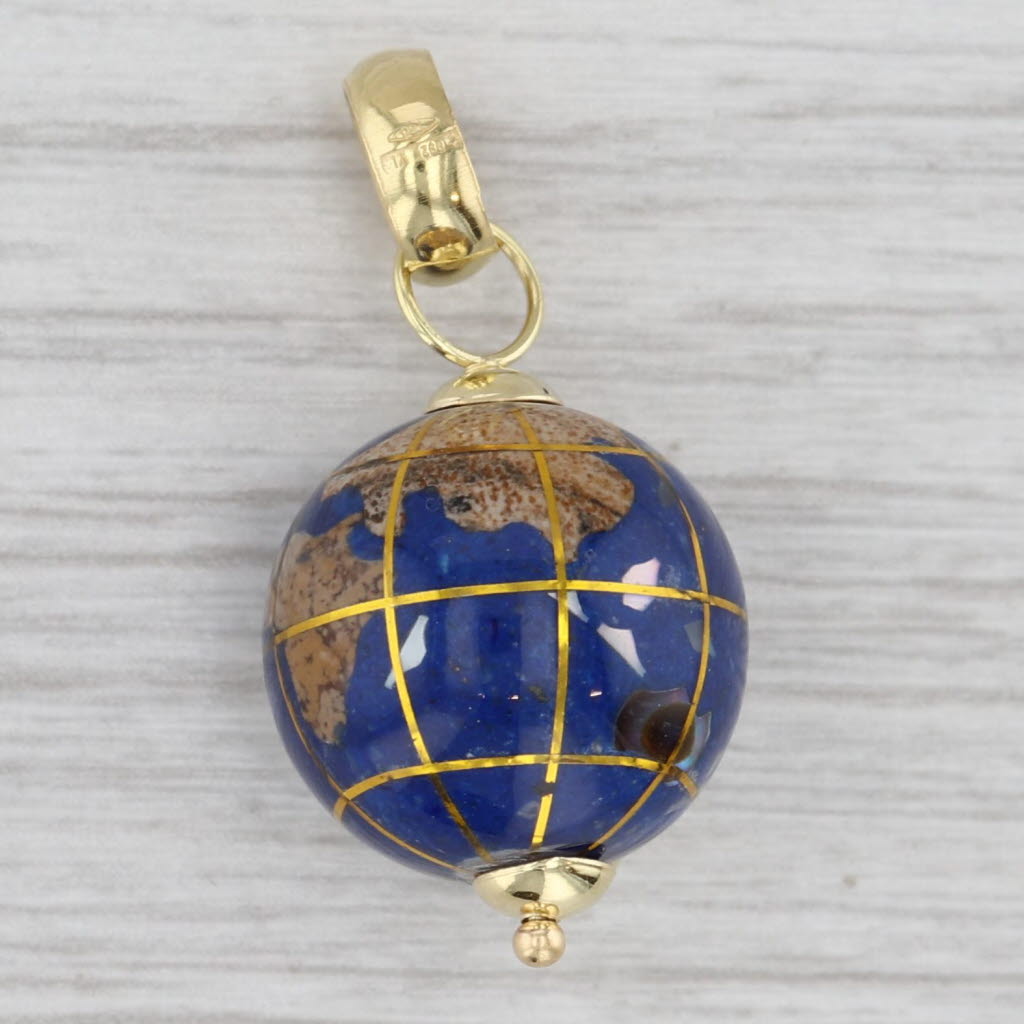Spinning Globe Pendant 18k Yellow Gold Stone Mosaic Inlay Charm World Continents
