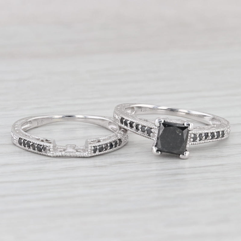 1.60 ctw Black Diamond Engagement Ring Wedding Band Set 14K White Gold Size 9.25