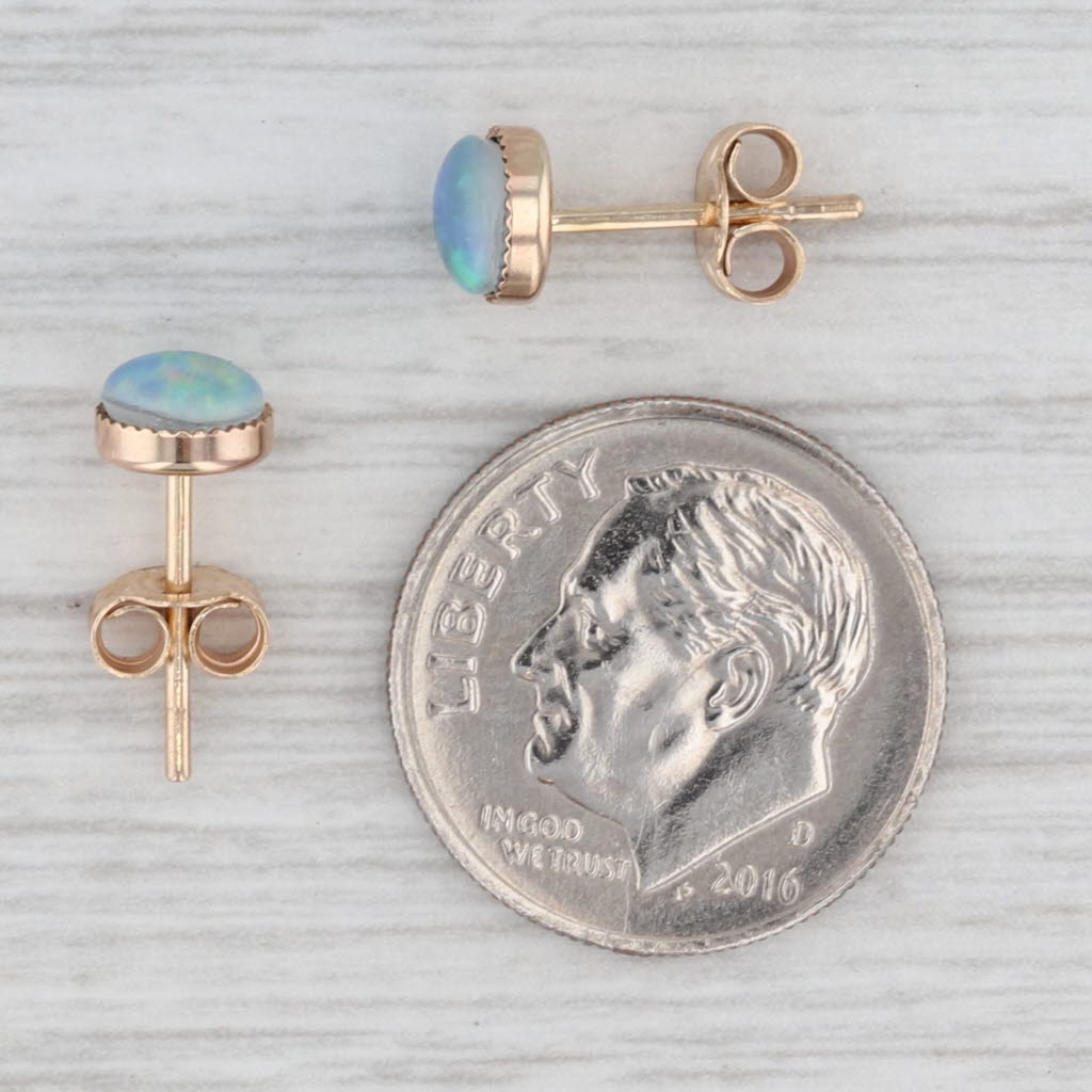 Gray Blue Green Opal Stud Earrings 9k Yellow Gold Roud Cabochon Bezel Set