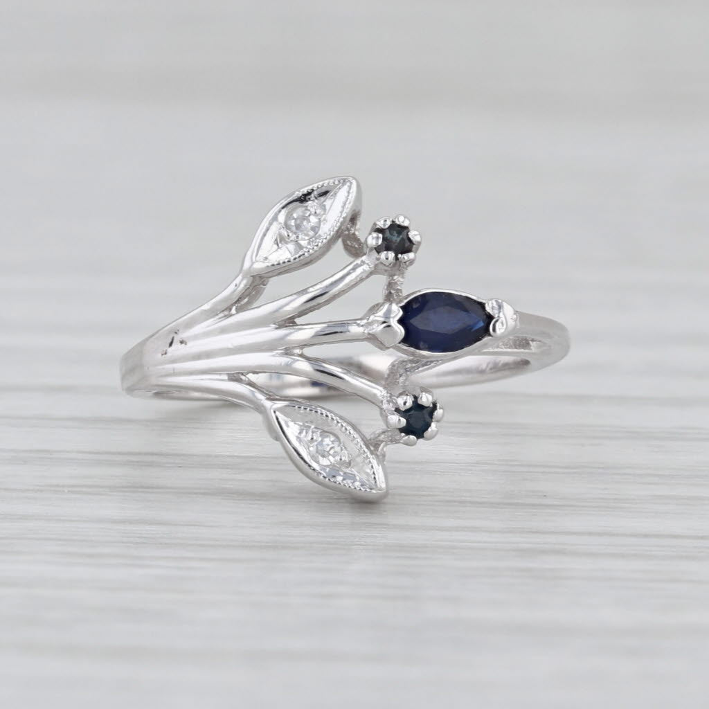 0.16ctw Blue Sapphire Diamond Flower Spray Ring 14k White Gold Size 4.5