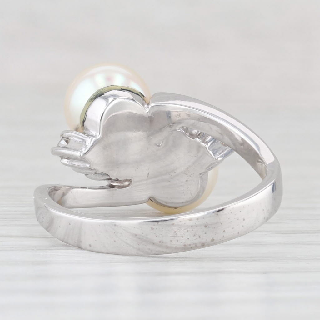 Light Gray Cultured Pearl 0.12ctw Diamond Bypass Ring 18k White Gold Size 7-7.25