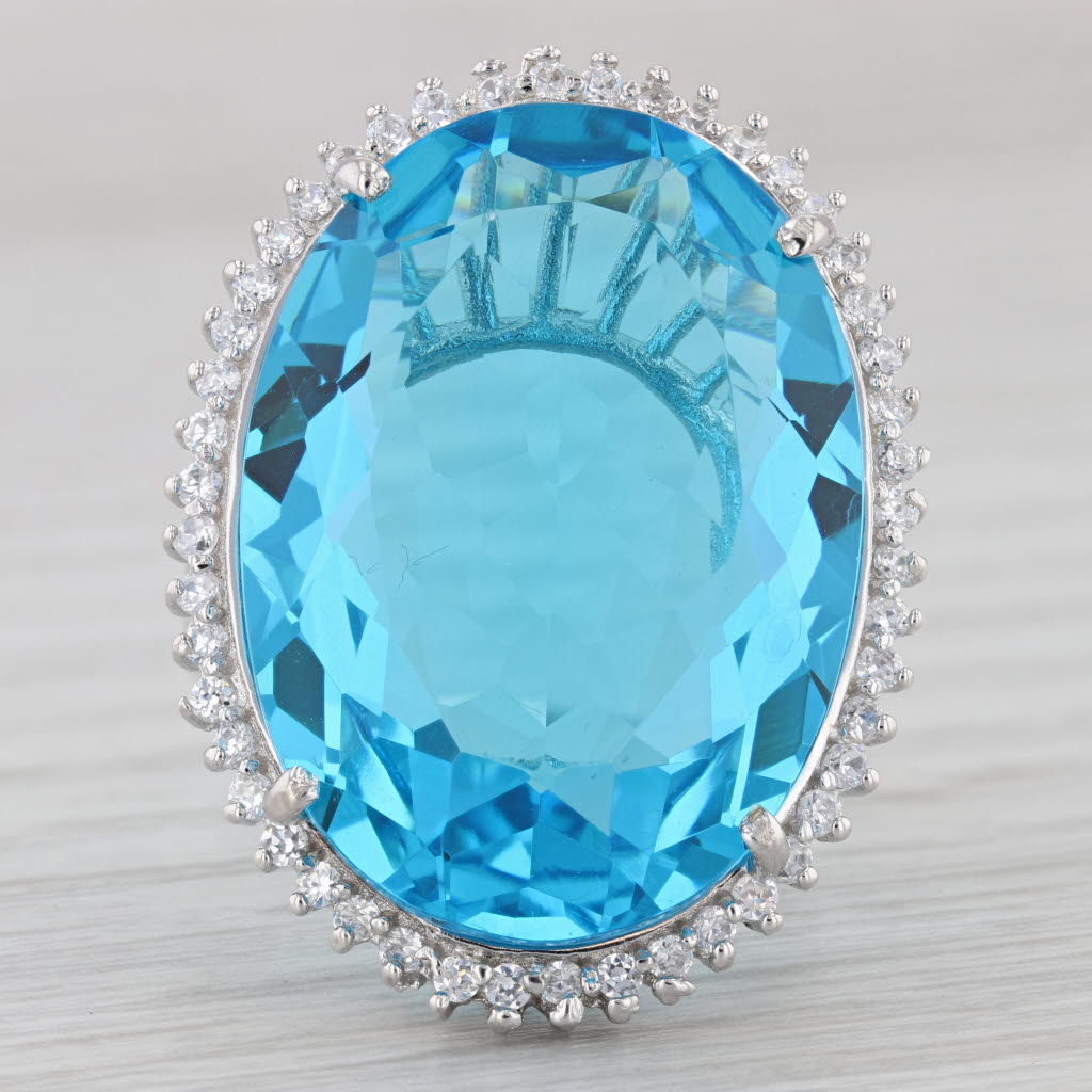 Gray Sterling Silver Cocktail Portuguese Blue Glass Halo Statement Size 9.25 Ring