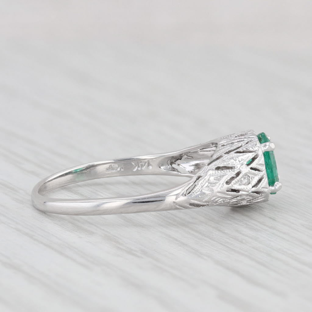 Light Gray 0.40ct Oval Emerald Solitaire Ring 14k White Gold Engagement Vintage Filigree