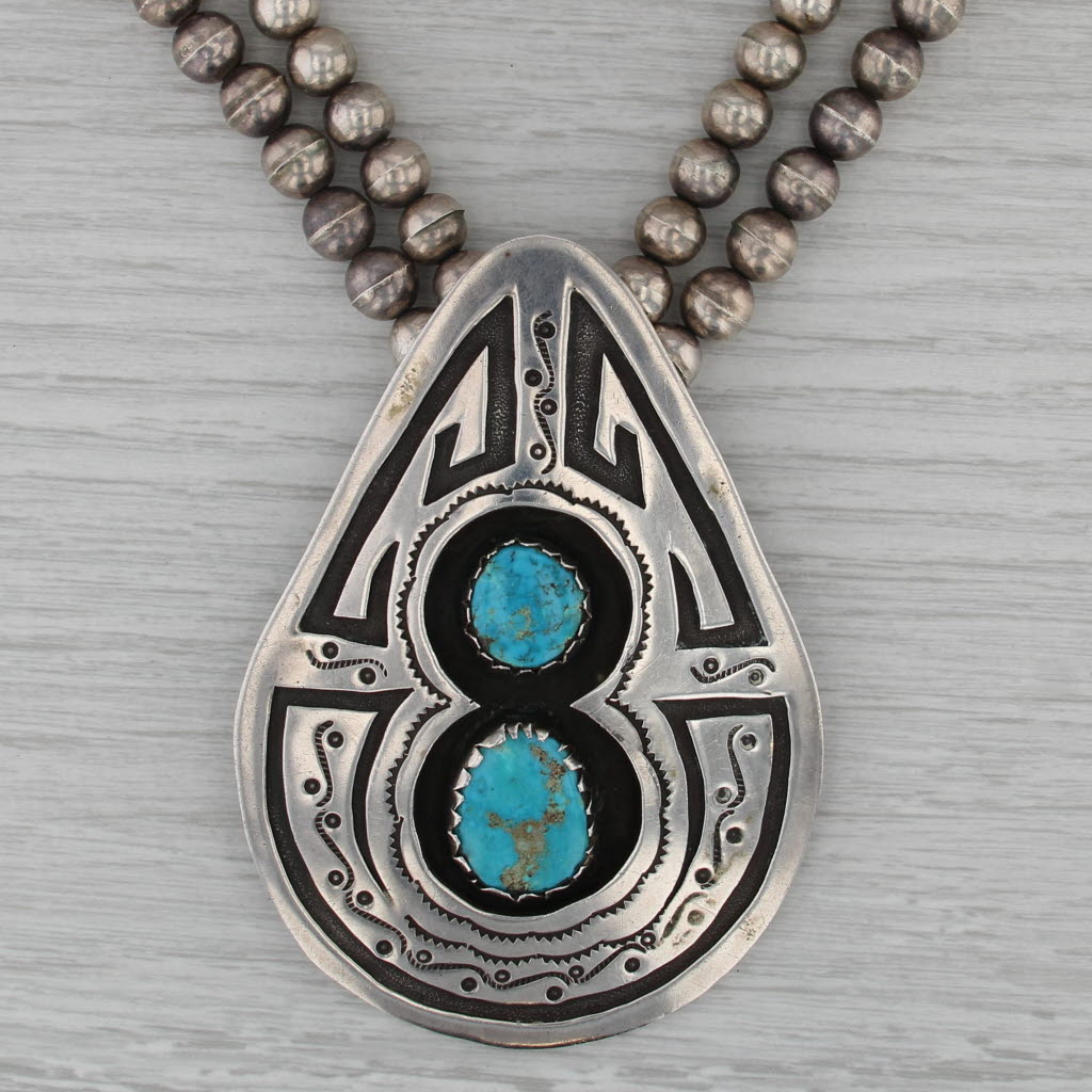 Turquoise Tribal Pendant Bead Necklace Sterling Silver Native American Ashley