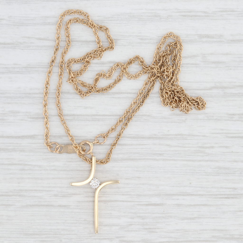 Light Gray Diamond Solitaire Cross Pendant Necklace 14k Yellow Gold 18" Rope Chain