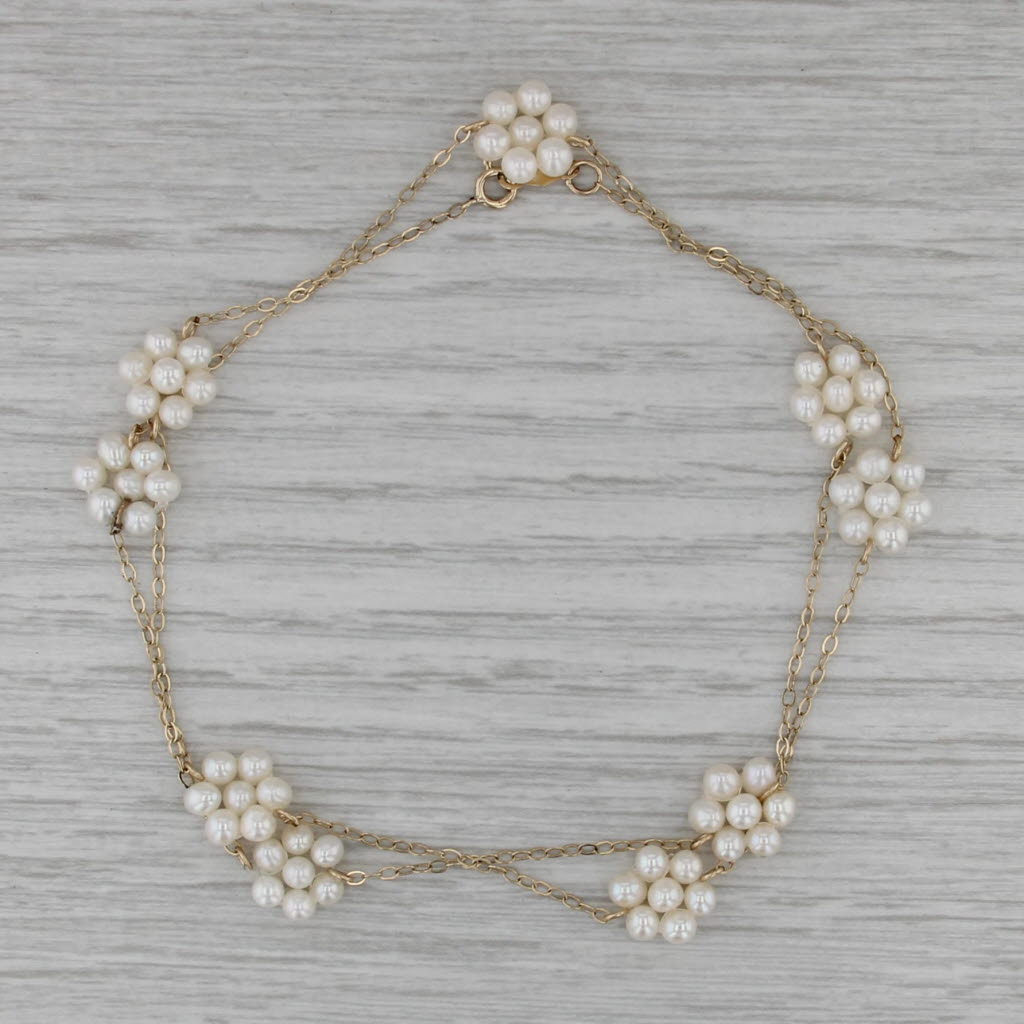 Cultured Pearl Flower Cluster Station Necklace 10k Gold 17.75" Cable Chain
